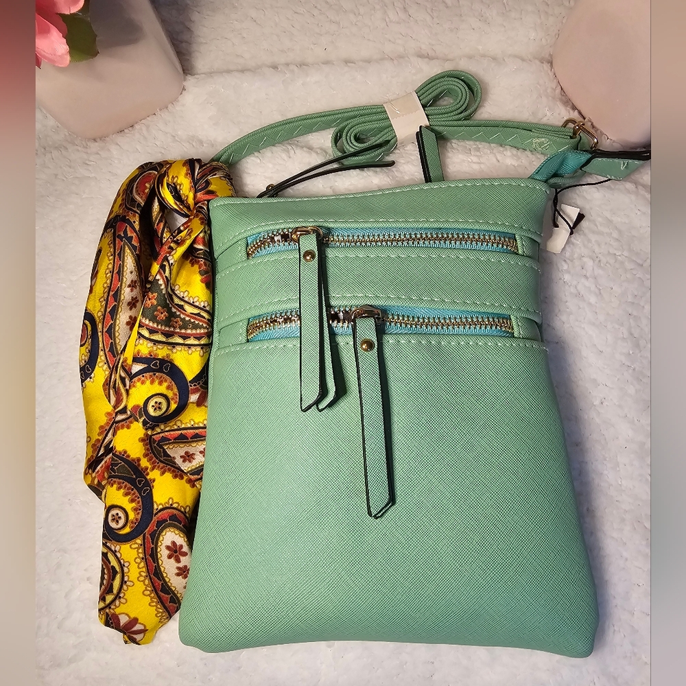 Stylish Mint Green Crossbody Bag with Scarf In Yellow and Brown